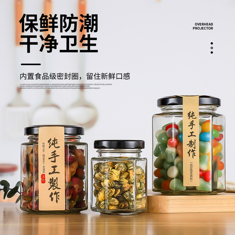 Picture of Manufacturer Hexagonal Honey Glass Bottle Foam Box with Lid Storage Bottle Sealed Transparent Jam Can Bottle Honey Jar Storage