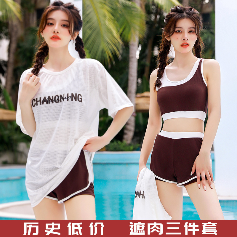 Split Swimsuit Women's Three-Piece Bikini Loose Long Student Conservative Belly-Covering Slimming Hot Spring Women's Clothing
