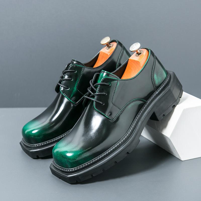 Daifa 2025 Spring and Autumn Thick Sole Height Increasing Square Head Motorcycle Leather Shoes Men's British Style Tooling Leather Shoes