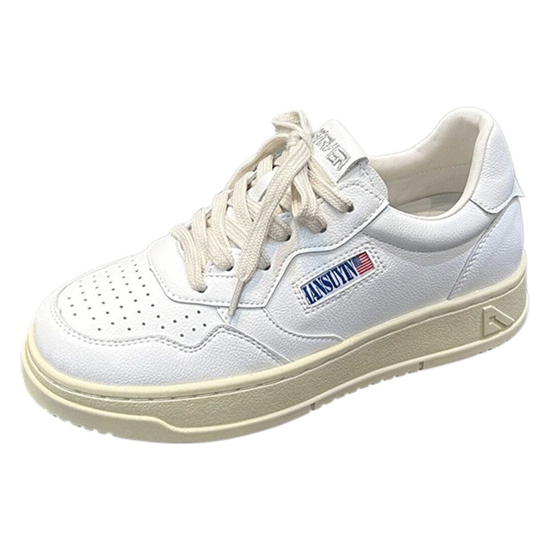 Genuine Leather White Shoes Women's Thick Sole 2024 Spring Korean Style Color Matching All-match Foot Shoes Small Retro Height-increasing Sneakers for Women