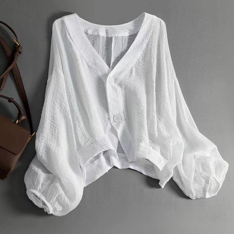 Picture of 2024 Summer Loose Lightweight Short Coat Women's Micro-transparent Flesh-hiding Sun-protective Shirt Casual Age-reducing Long-sleeved Shirt for Women