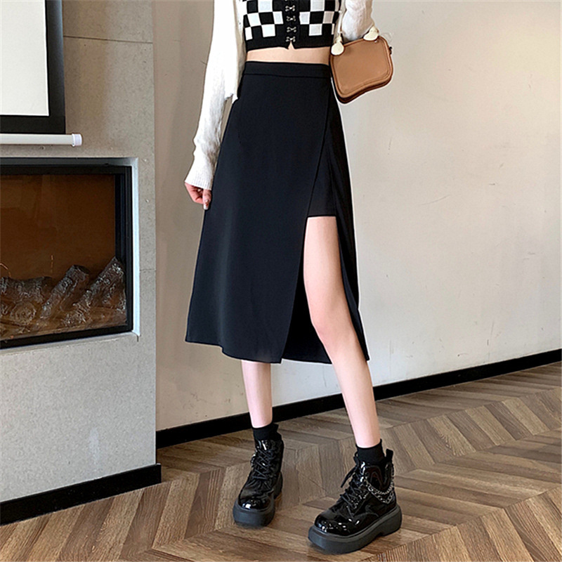 Foreign Trade Summer plus size chubby girl Mid-length Skirt Women's High Waist Irregular Split French Retro A- line Skirt