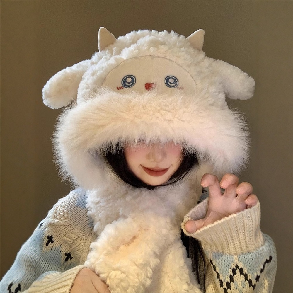 Winter Cute Little Sheep Hat Scarf One-piece Fluffy Hat Women's New Cold-proof Warm Thickened Ear Protection Lei Feng Hat