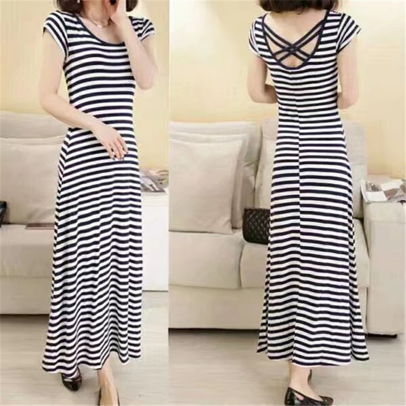 Modal Beautiful Back Cross Sexy Long Skirt Elegant Simple Short-Sleeved Dress Summer Thin Stripesd Skirt