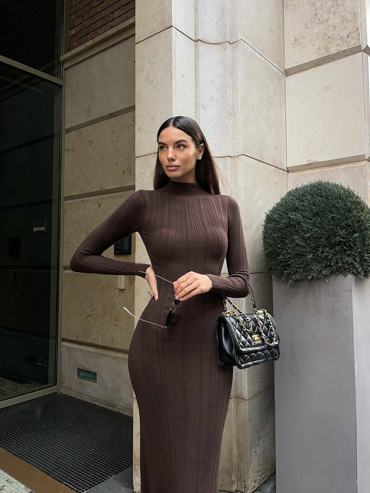 AliExpress Autumn and Winter New Knitted Dress Tight Collar European and American French Elegant Base Solid Color Sweater dress