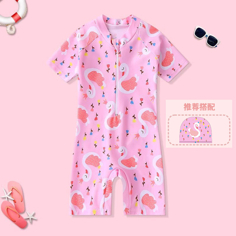 Picture of 2024 Girls' Swimsuit Cartoon Short Sleeve Children's One-Piece Swimwear for Ages 3-6 Boys' Swimwear Set with Cartoon Swim Cap