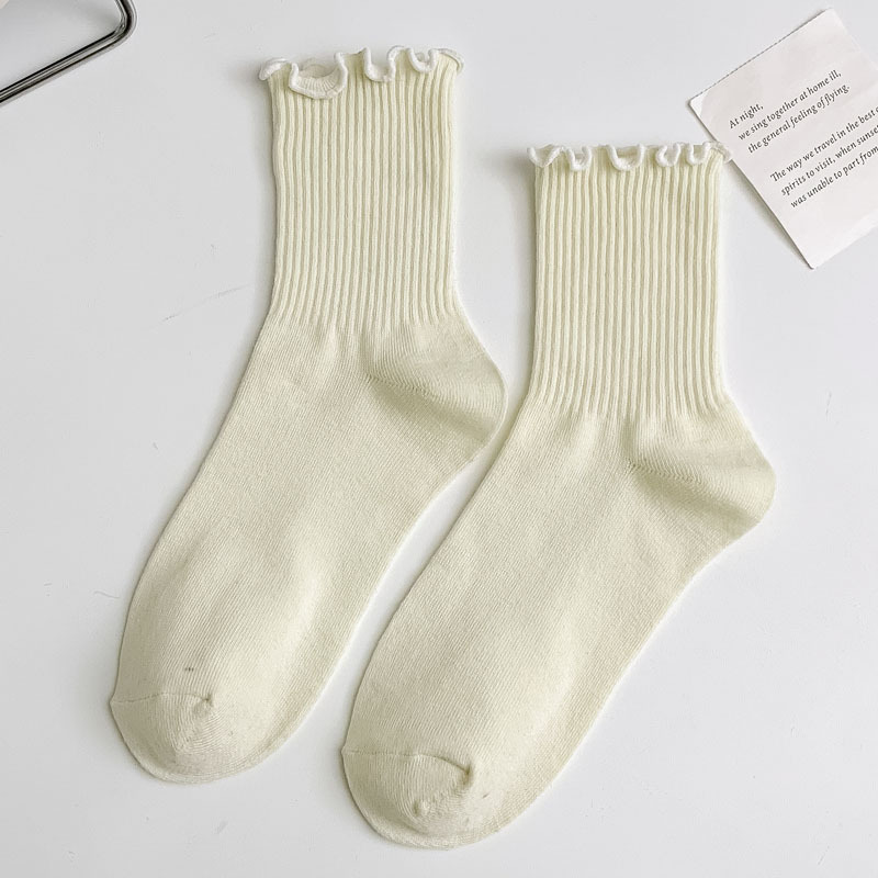 Picture of White lace socks women's mid-calf spring and autumn wooden ear socks ins trendy all-match college style Japanese jk pile socks