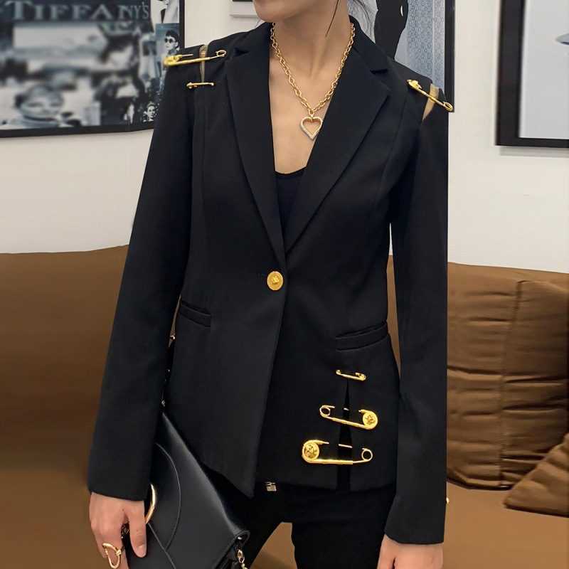 2025 Slim Elegant Work Clothing Pure Color Small Fragrant Style Short One Button Korean Style Black Pin Suit Collar Small Jacket
