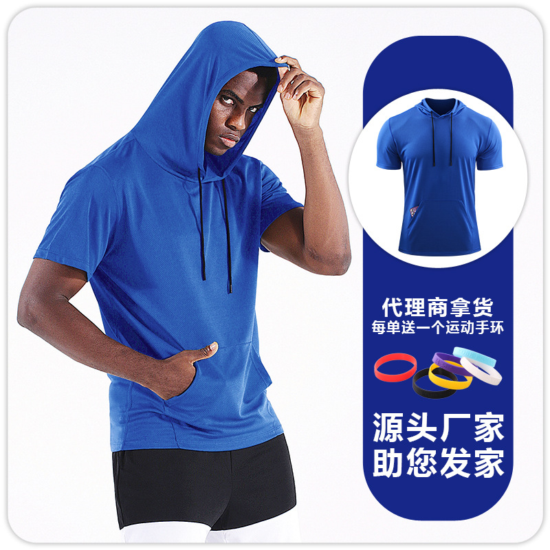 Picture of Men's Large Size Loose Short-Sleeved Fitness Clothing Hooded Flap Pocket Pants Quick-Drying Clothing Breathable Half-Sleeved T-Shirt Basketball Muscle Training Clothing