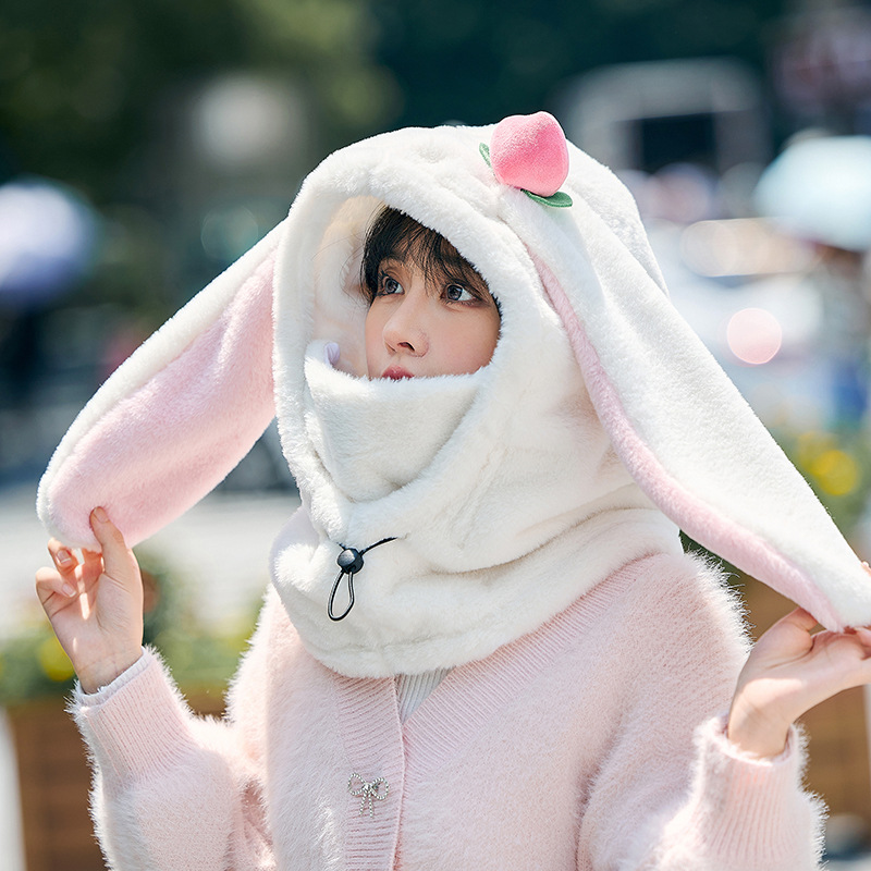 Winter Warm Peach Rabbit Mask Hat and Scarf Integrated Xiaomei Same Style Outdoor Skiing and Cycling Helmet Hat Cute