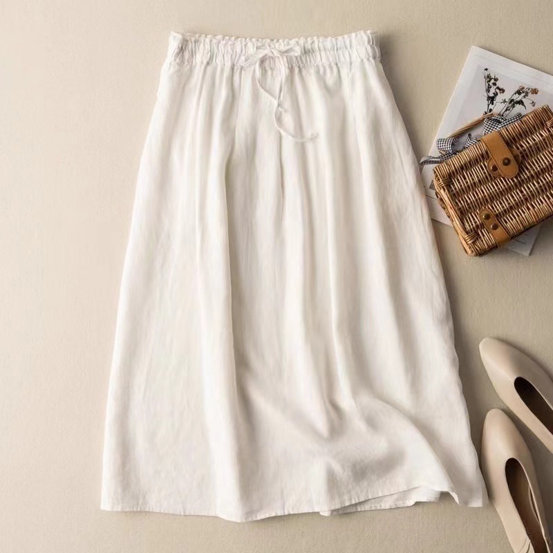 Spring and Summer New Arrival Skirt Pure Cotton Artistic Vintage Women's Lining Loose Lace-up Loose Waist Solid Color Slimming A- line Skirt