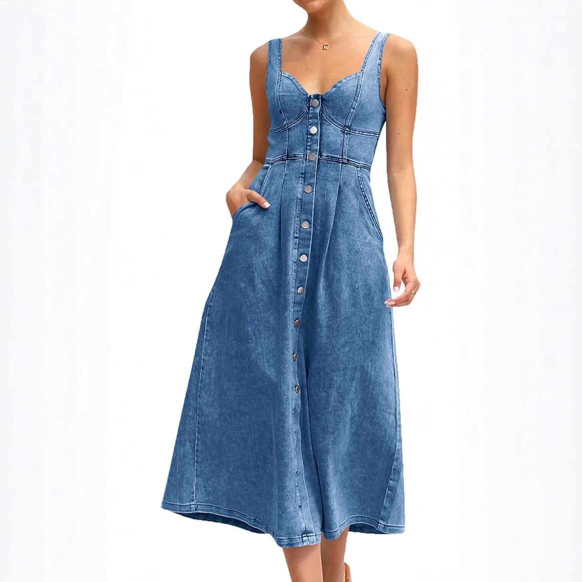 Europe and the United States cross-border Amazon 2025 summer women's blue Denim distressed strap single row of buttons long dress