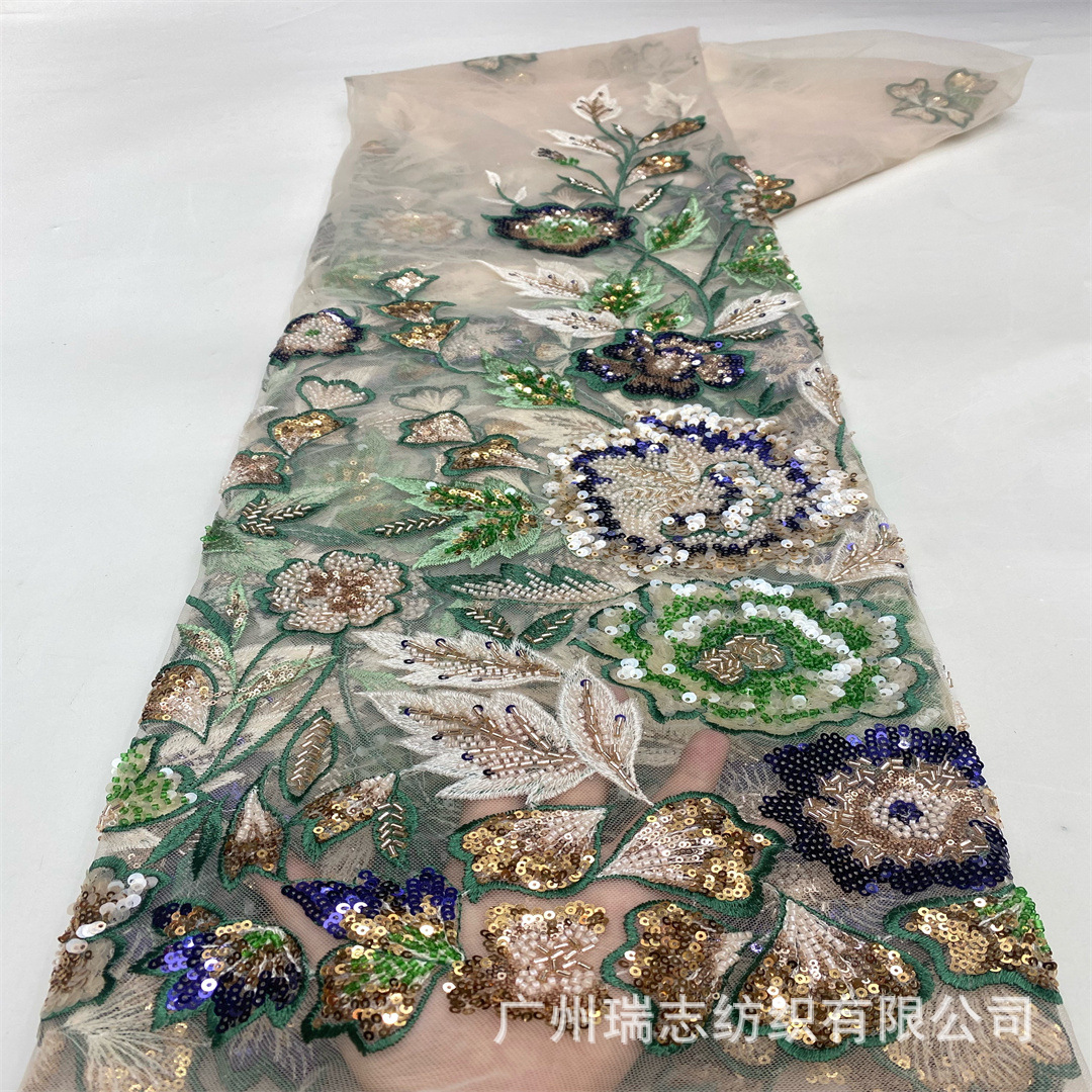 Wedding Dress Bead Tube Fabric European and American Heavy Industry Multi-Color Embroider Mesh Lace Fashion Cheongsam Embroider Fabric