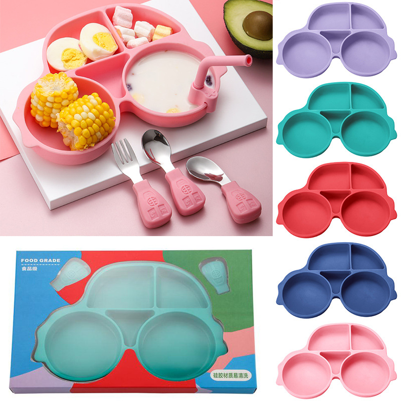 Amazon Cartoon Children's Car Silicone Dinner Plate 304 Stainless Steel Spoon Fork Gift Baby Learning Dining Tableware Set