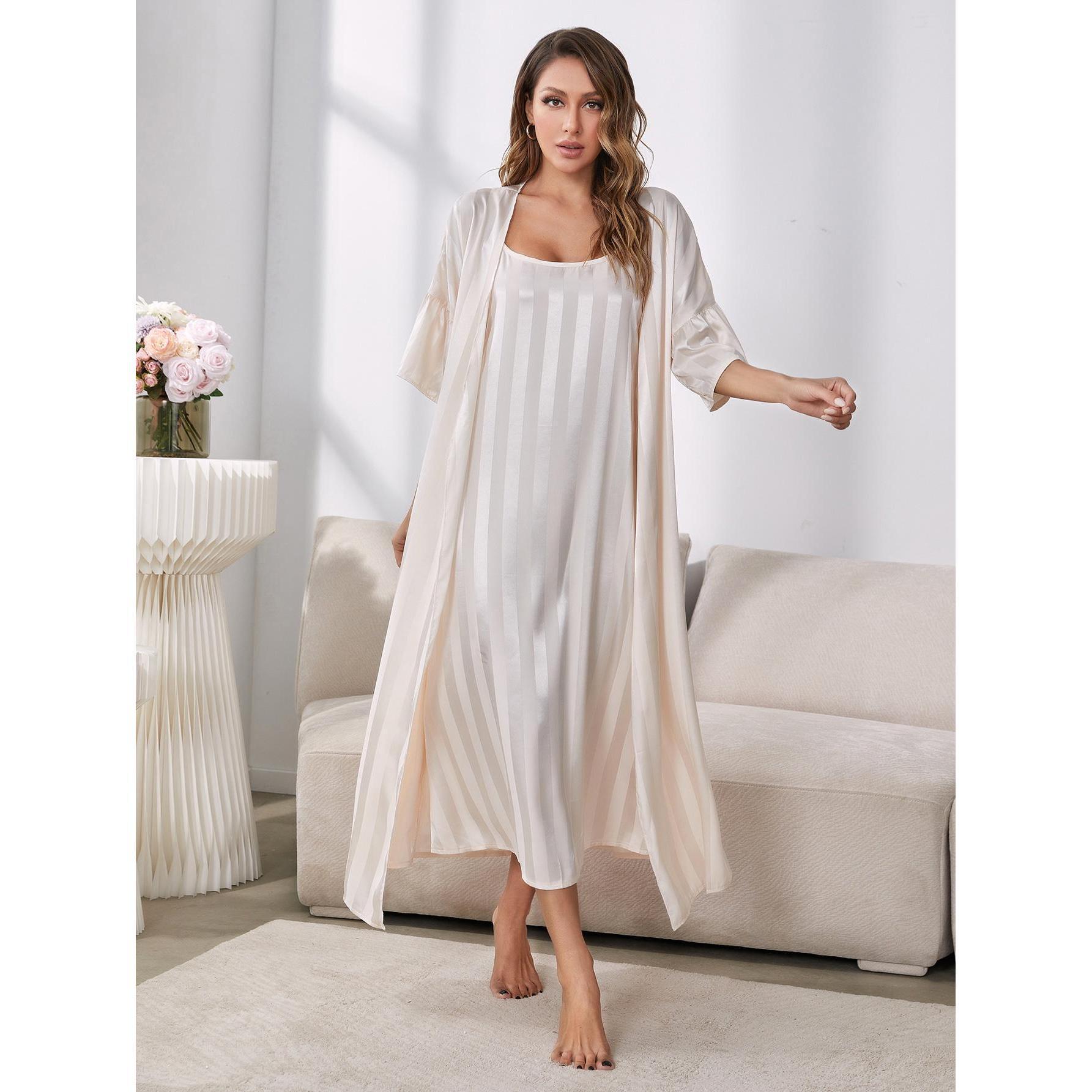 Picture of Amazon Foreign Trade Suspender Pajamas Women's Simulated Silk Long Sleeve High-Quality Ice Silk Pajamas Home Clothes Set Independent Station