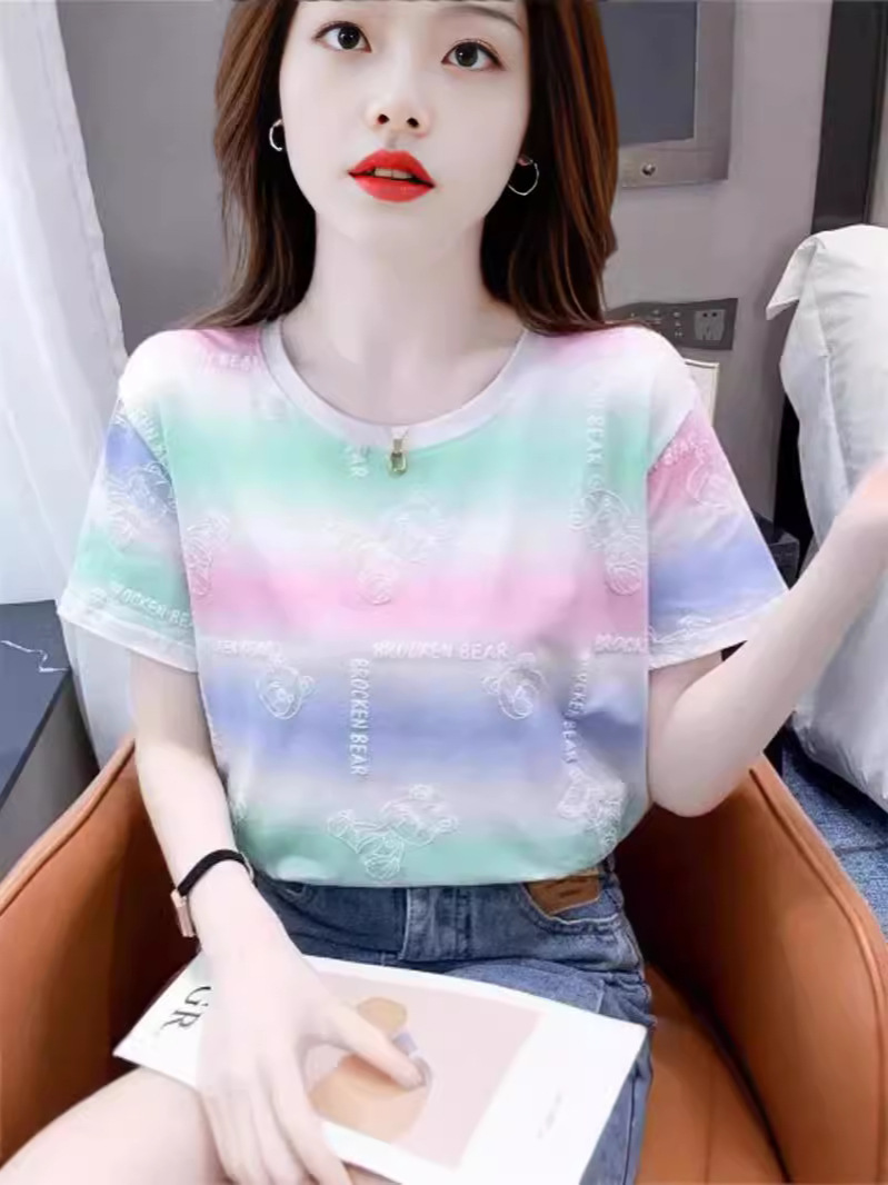Rainbow Stripe Tie-Dye T-Shirt Women's Short-Sleeved 2024 Summer New Korean-Style All-Match Casual Loose Round Neck Top Ins