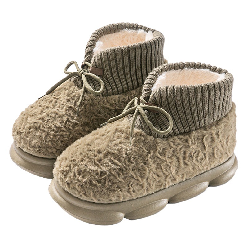 High-top lace-up plush warm cotton-padded shoes women's autumn and winter indoor home confinement shoes thick bottom slip-on feeling couple cotton-padded shoes