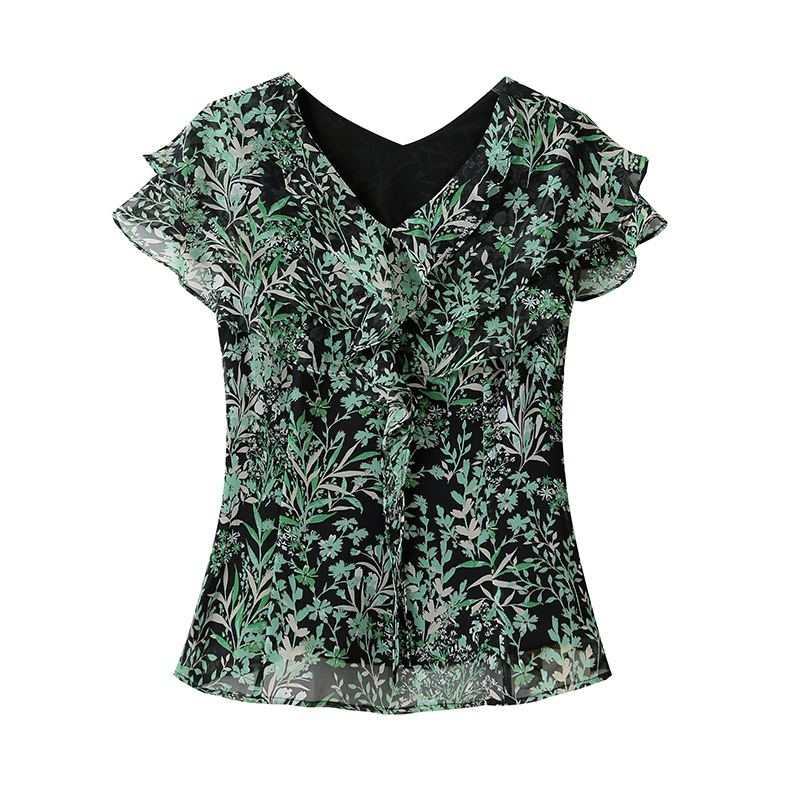 Picture of European Station 2025 Summer Printed Chiffon Shirt Top Women's Ruffled Slim-looking Flesh-covering Base Shirt Chic Shirt