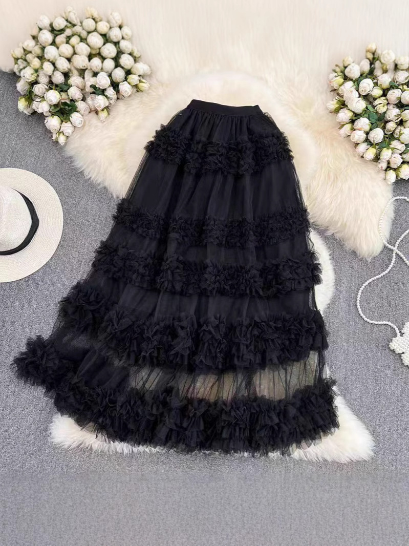 Cross-border New Heavy Industry Large Swing Long Skirt Multi-layer Cake Skirt Puffy Skirt High Waist All-match Solid Color A- shape Gauze Skirt