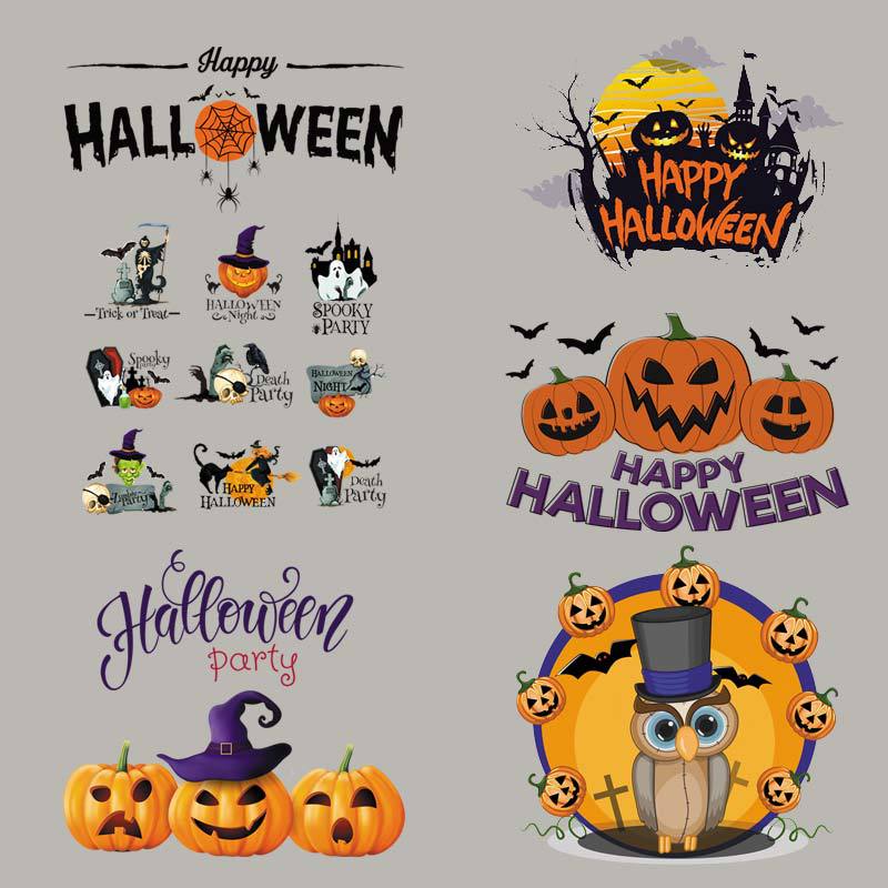 Happy Halloween Party Costume Heat Transfer Hot Stamping Sticker Ghost Festival Pumpkin Lamp Letter Hot Drawing