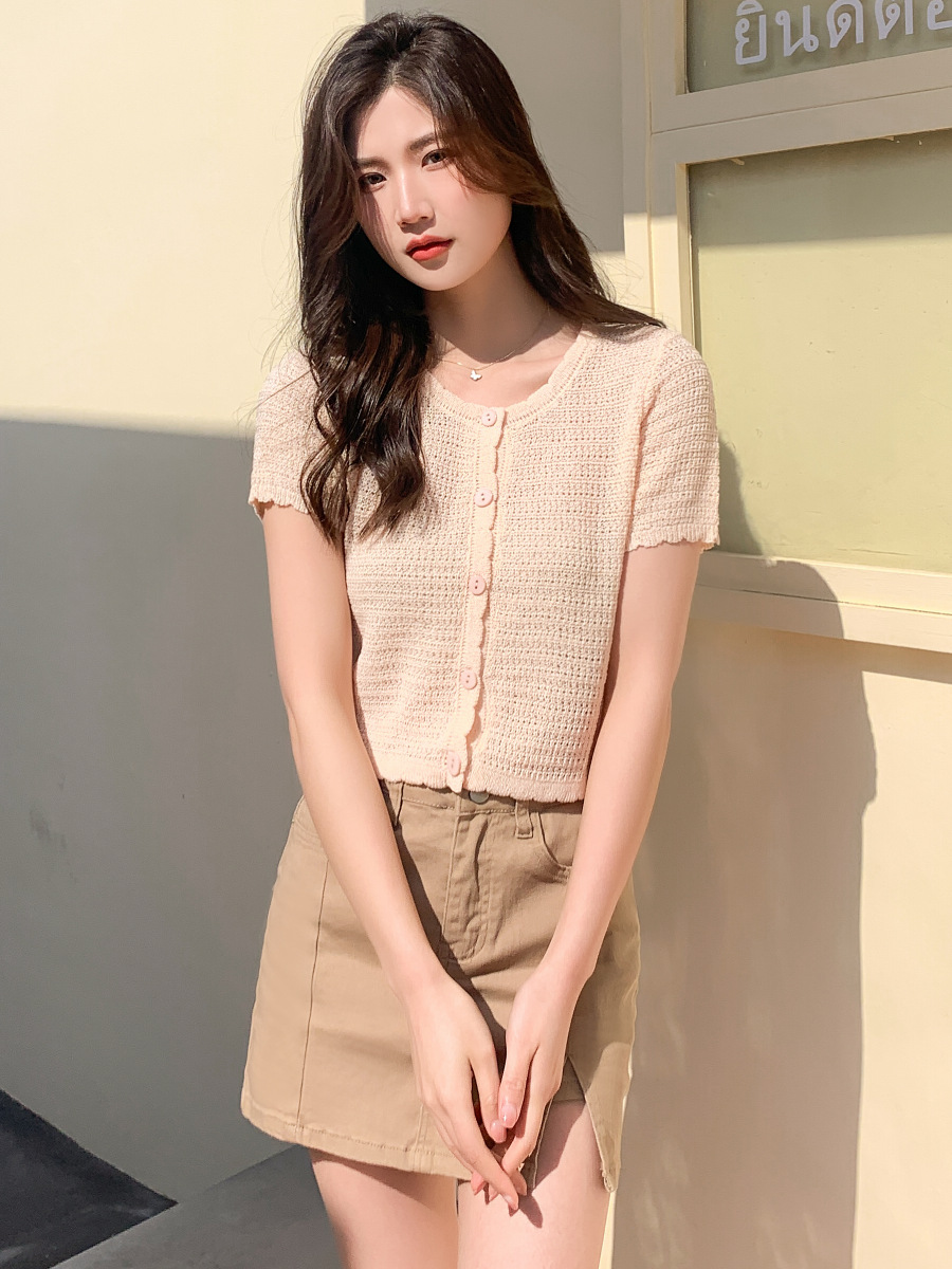 Summer All-match Hollow-out Knitwear Short Short-sleeved Sweet Cute Round Neck Small Cardigan Slim-fit Thin Top Women's Thin