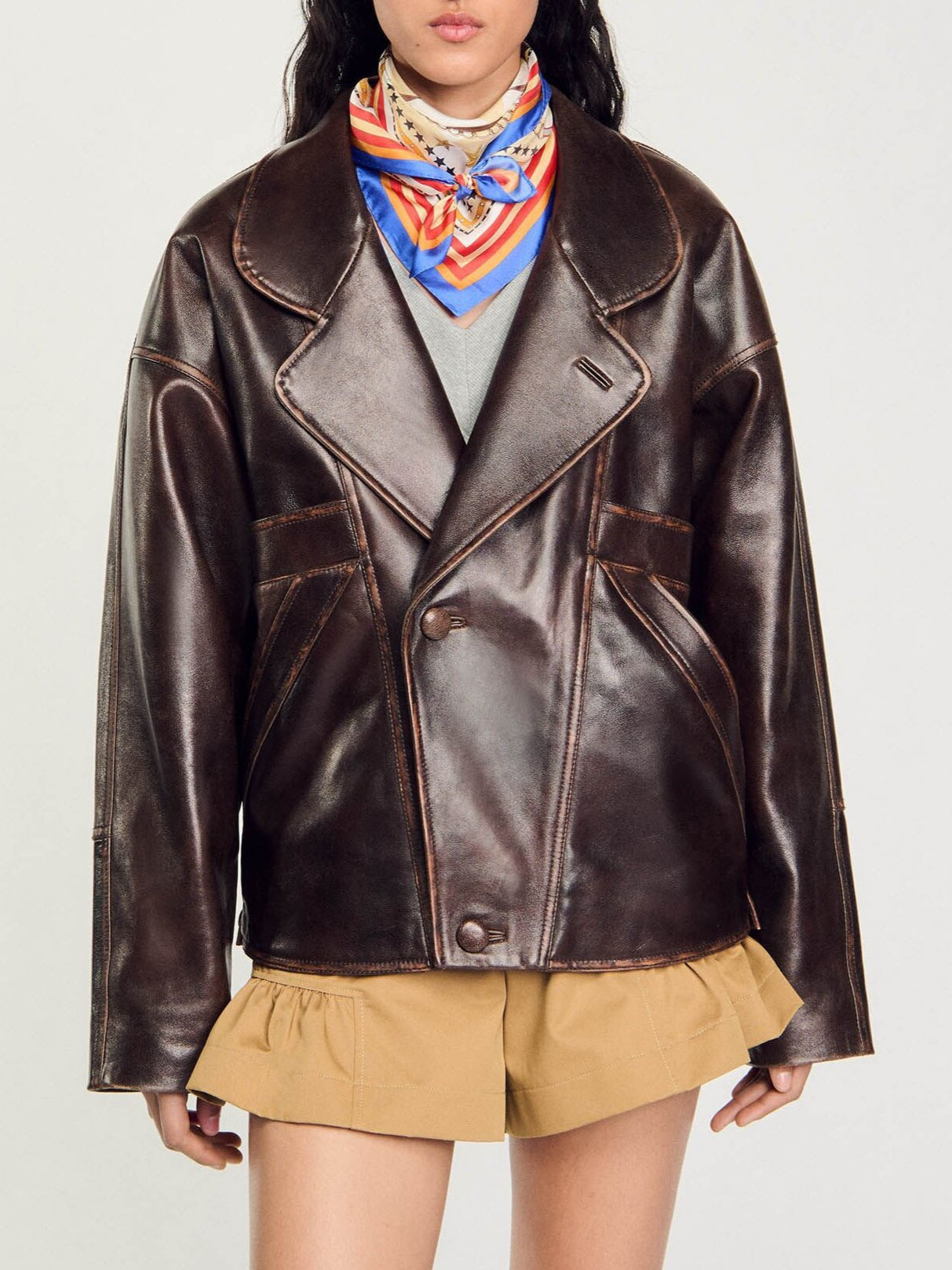 2024 European and American Cross-border New Autumn and Winter Women's Red Brown Lapel Leather Jacket Maillard Motorcycle Vintage