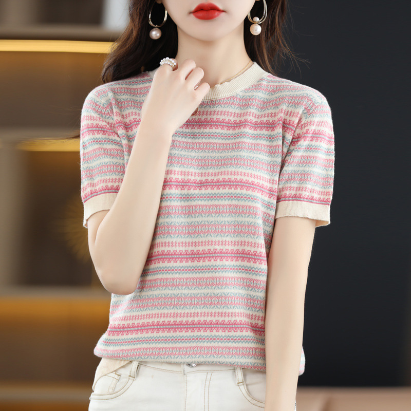 23 Summer Korean Style New Round Neck Stripesd Cotton Short-Sleeved Women's Contrasting Color Knitted T-Shirt Fitted Half-Sleeved Top Trendy