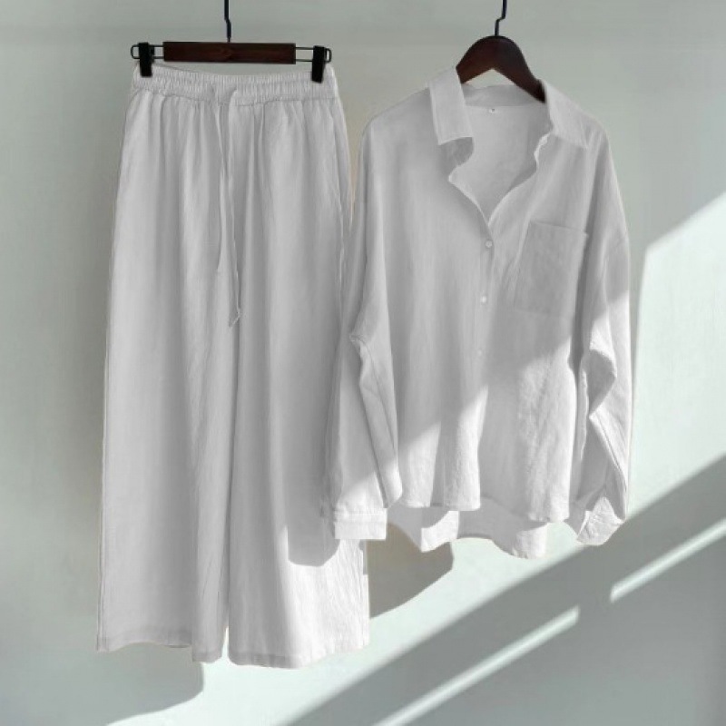 Picture of AliExpress Spring Cross-border plus size Women's Shirt suit Retro Loose High Waist Wide-leg Cropped Pants Two-piece Set for Women