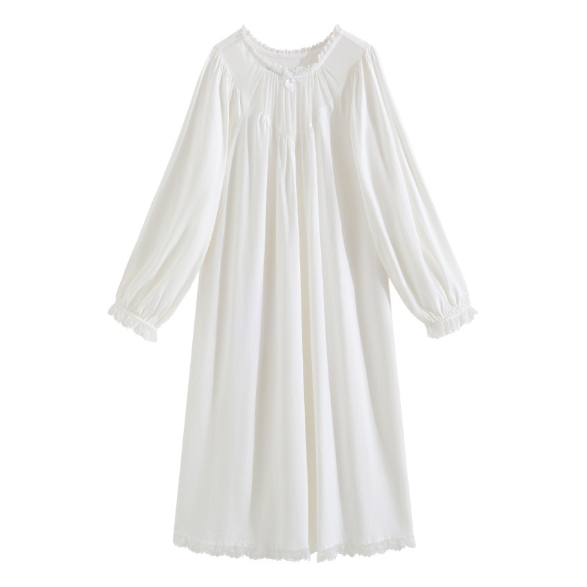 Women's long-sleeved nightdress spring cotton court style French lace elegant Princess pajamas loose plus size outdoor home wear autumn