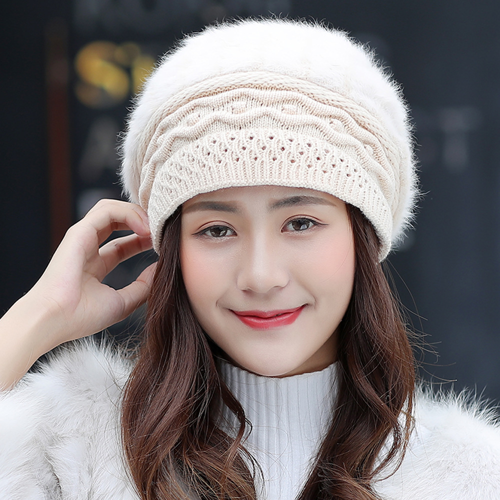 Rabbit fur hat children winter warm hat outdoor knitted hat plus velvet padded beret Korean hat wholesale