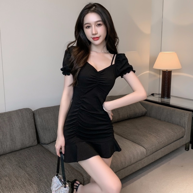 Sexy off-neck dress slim fit puff sleeve pleated hip strap skirt elegant small short skirt for women Summer