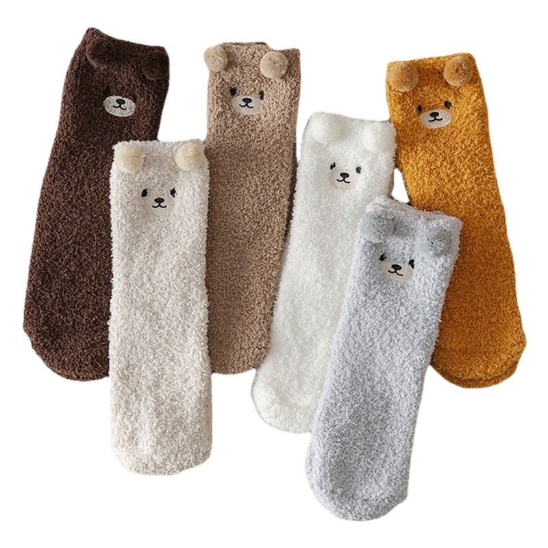 Hair-free coral velvet socks warm bear floor socks women's thickened half velvet embroidered cartoon sleeping socks