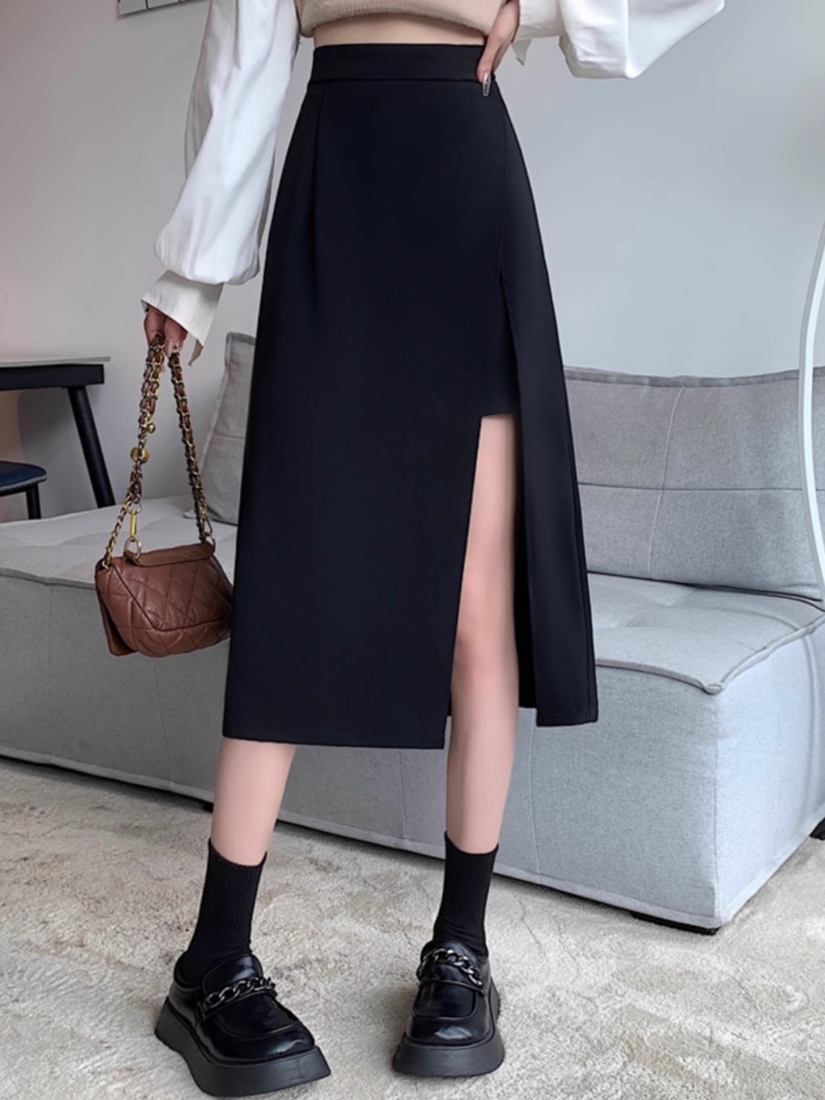 Design Sense Split Skirt Women's High Waist Slimming Mid-length One-step Skirt for Small Men Fashionable Korean A- line Skirt