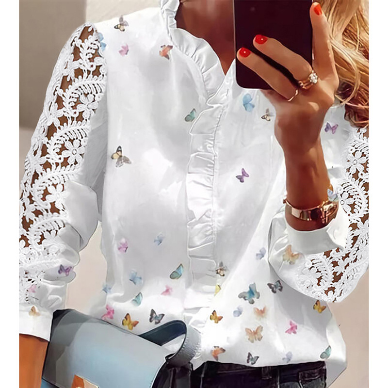 Picture of Cross-border Elegant Elegant Flower Yao Long-sleeved Lotus-leaf Collar regular Blouse