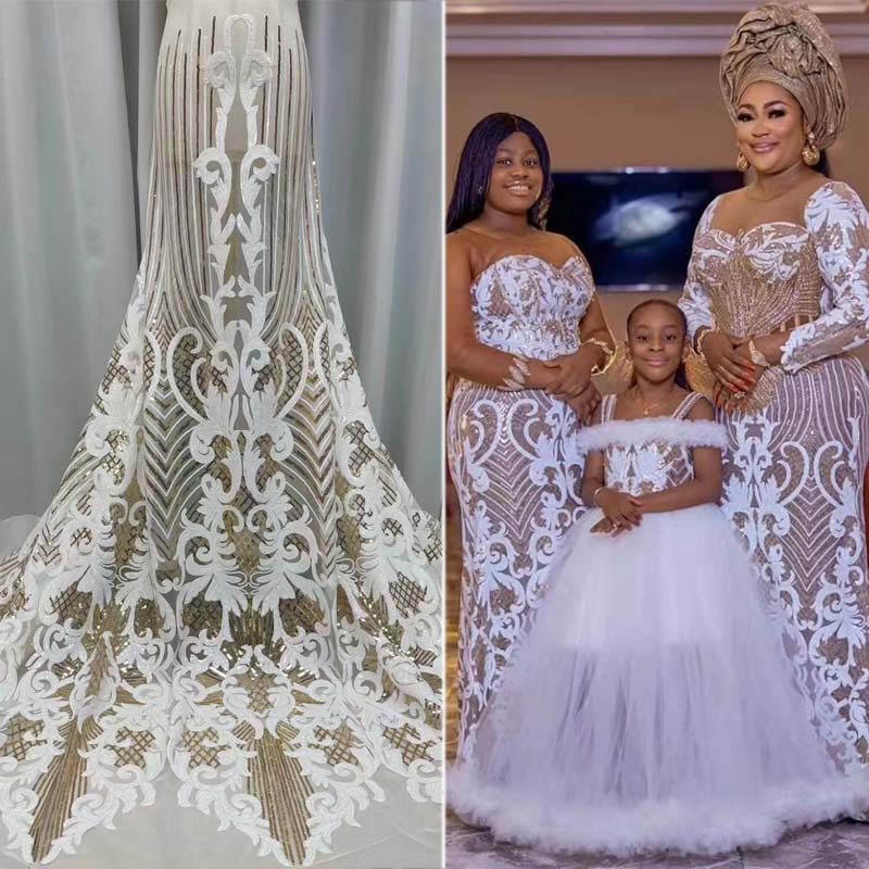 Sequin Lace Fabric African Lace European and American Wedding Dress Fashion Embroidered Fabric Sequin Lace Jx1296