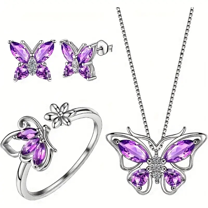 Picture of TEMU Cross-border New Butterfly Ring Earring Necklace Female European and American Animal Butterfly Pendant Clavicle Chain Jewelry suit