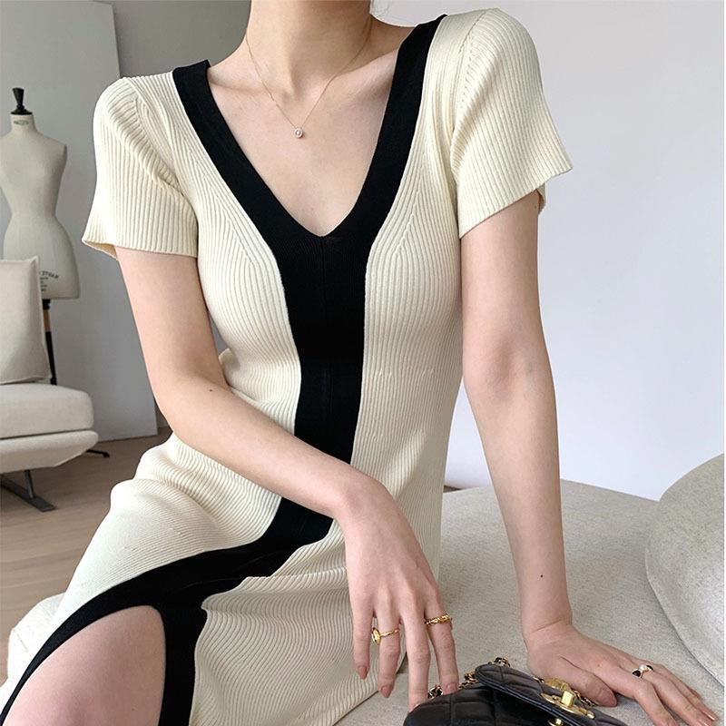 Picture of 2025 Summer Japanese Korean Women's V-neck Short Sleeve Stitching Contrast Color Sweater Dress Front Split Knitted dress 6187