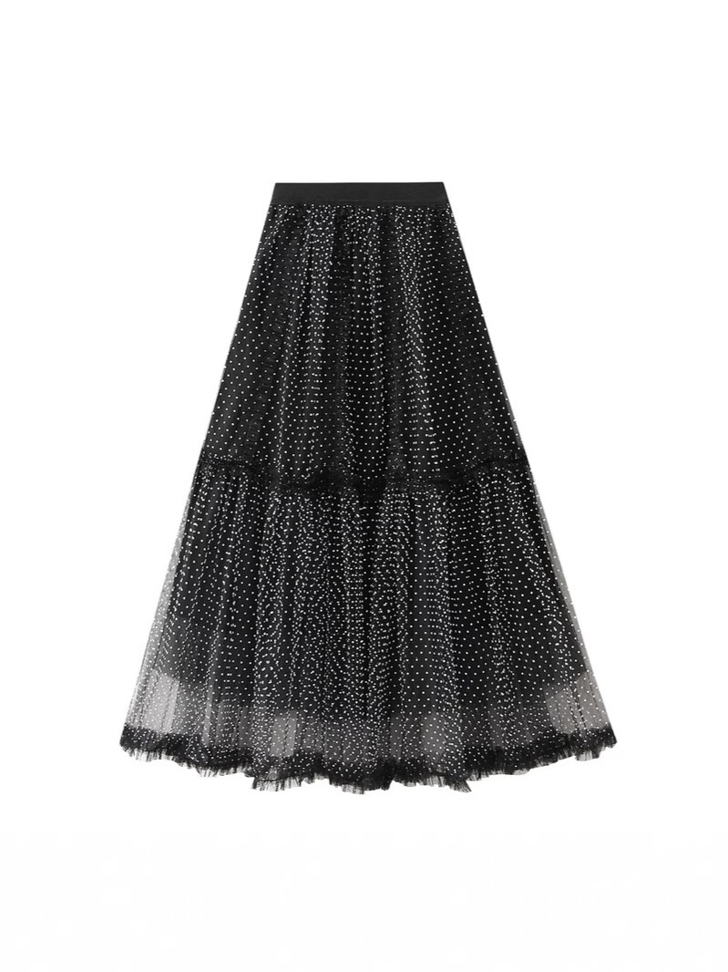 Heavy-Duty Flocking Polka-Dot French Lace High-Waisted Large-Swing Mesh High-End Fairy Gauze Skirt Elegant