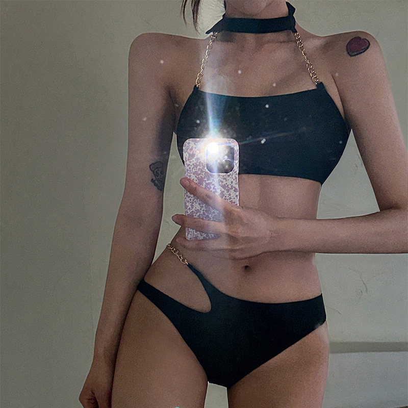 European and American 2023 New Swimsuit Women's Black Sexy Three-point Bikini Spice Girls Exposed Neck Sexy Swimsuit