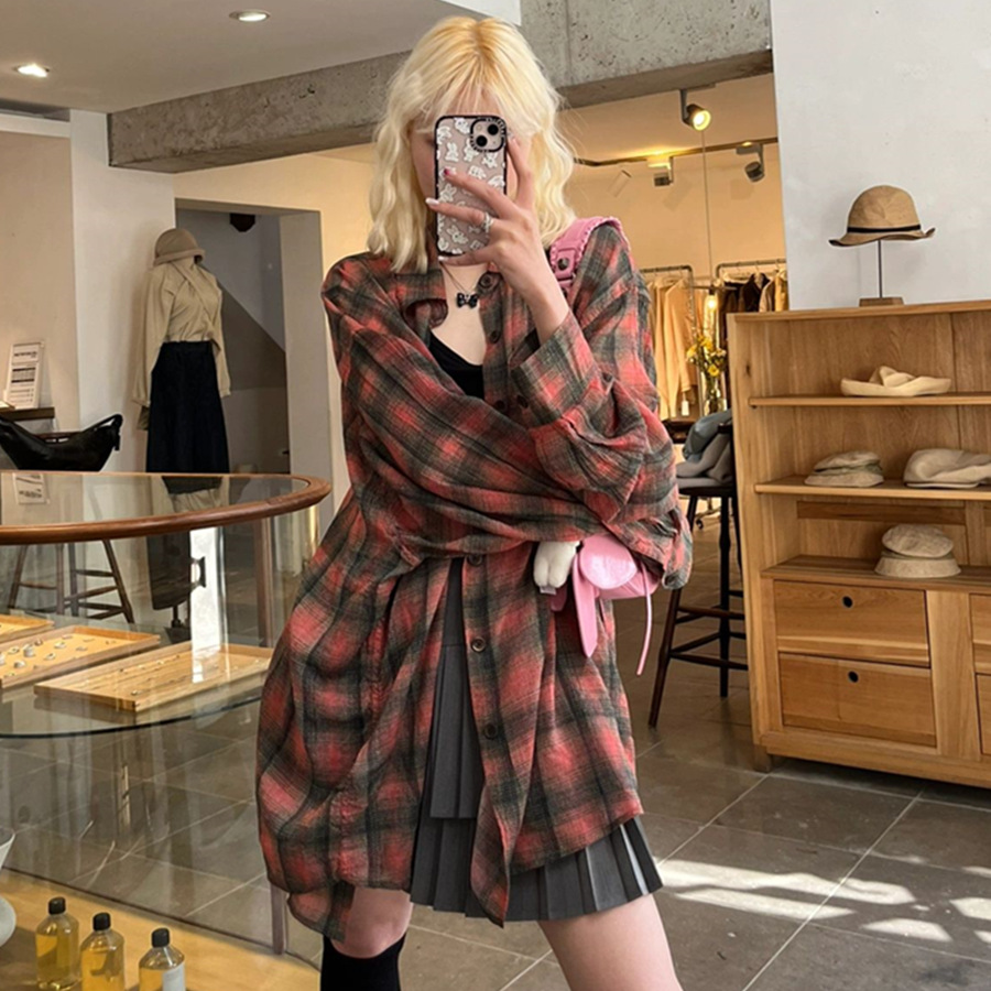 American Retro Rose Red Plaid lazy style shirt texture casual loose all-match long sleeve shirt men and women same fashion