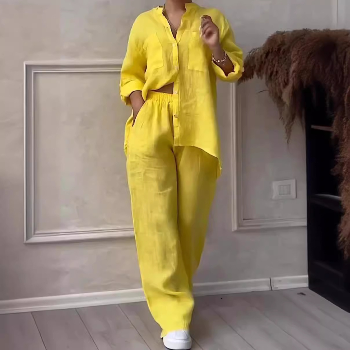 European and American Cross-border 2025 New Women's Solid Color Single-breasted Long-sleeved Shirt Two-piece Wide-leg Pants Lace-up Pants for Women