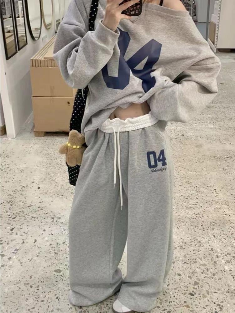 American Style Retro Printed Shoulder Long-sleeved Sweat Sports suit Women's Autumn Casual Wide-leg Pants Grey Two-piece Set