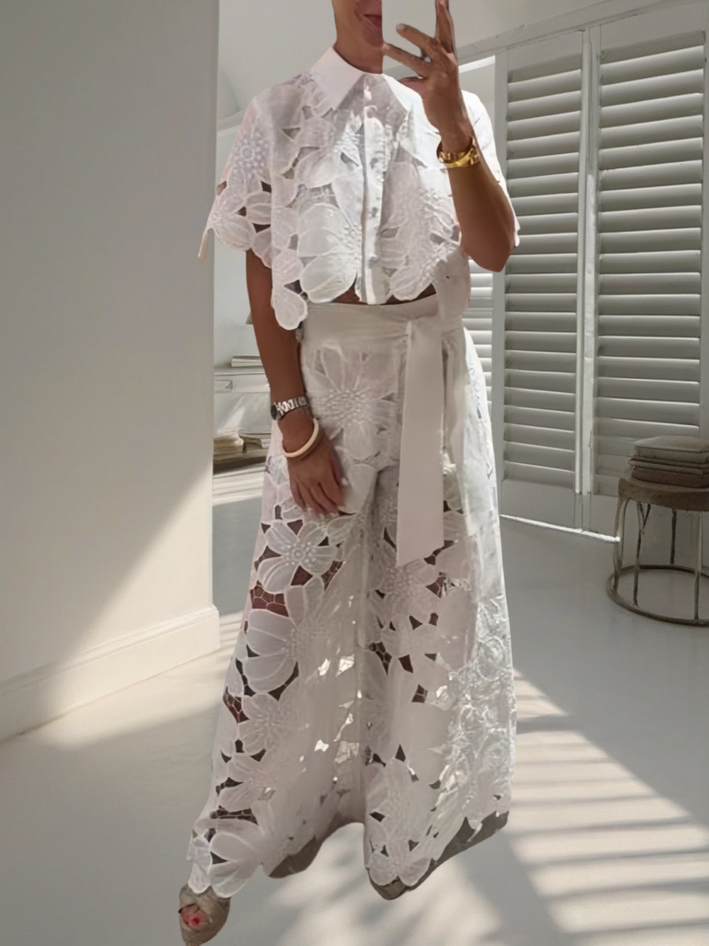 2025 Summer New Cross-border European and American Women's Solid Color Casual Hollow Cardigan Top Wide Leg Pants Two-piece Set