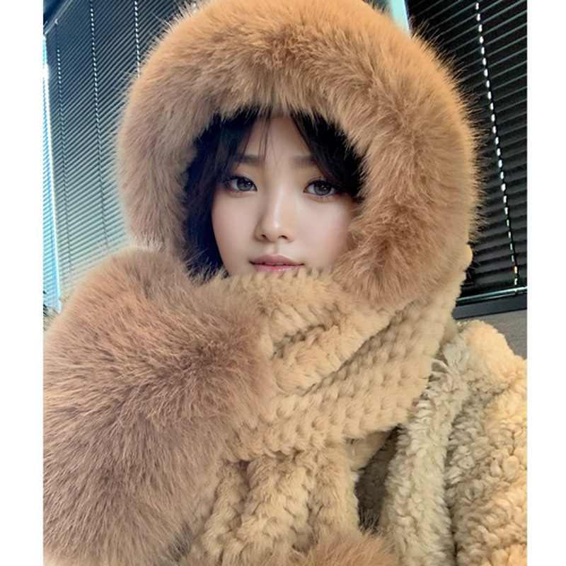 Picture of Cute Bear Hat Gloves Three-in-One Scarf Plush Hat Winter Riding Women's Easy Outdoor High-Level Warm Hat