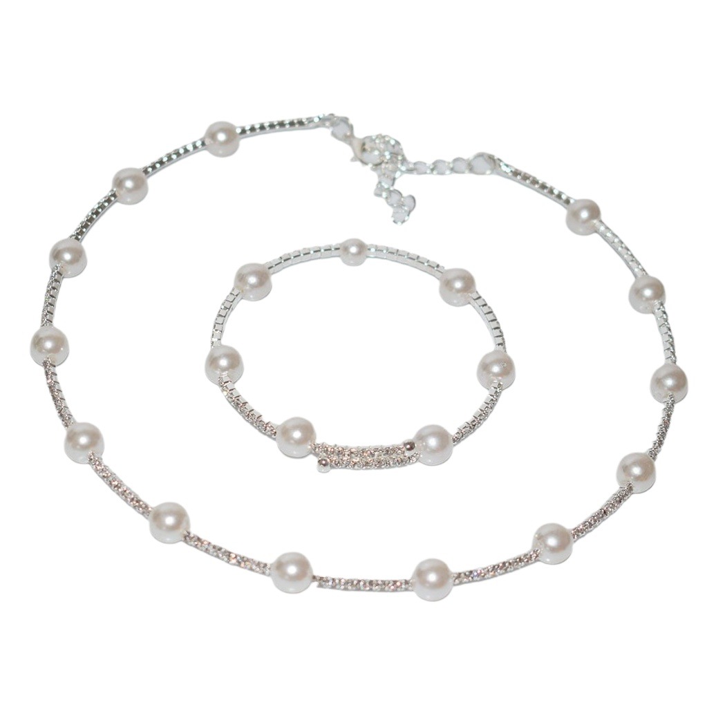 French Style Single Row Pearl Zircon Rhinestone Collar Bracelet Earrings Set Bridal Wedding Dress Accessories Collarbone Neckchain