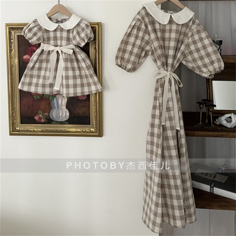 Korean Style Instagram Style Summer Dress Fashion New Arrival Mother and Dresses Girl Korean Style Doll Collar Bow Belt Parent-child dress
