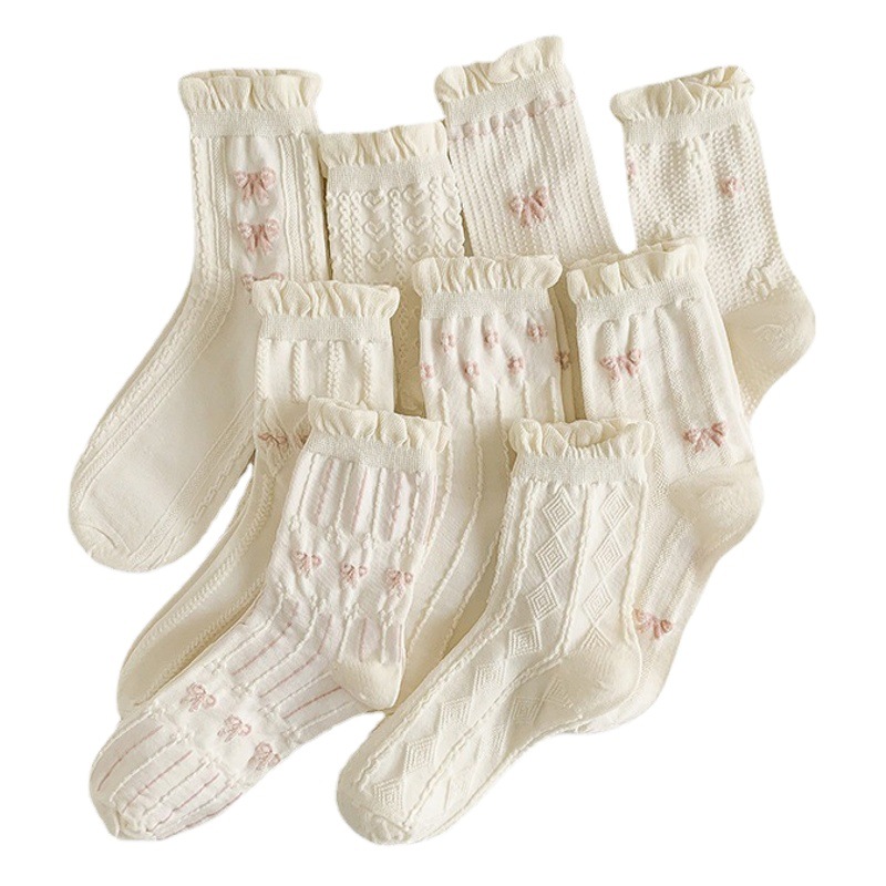 White socks women's lace bubble mouth Japanese mid-calf length socks bow variety spring and autumn lightweight breathable JK trendy