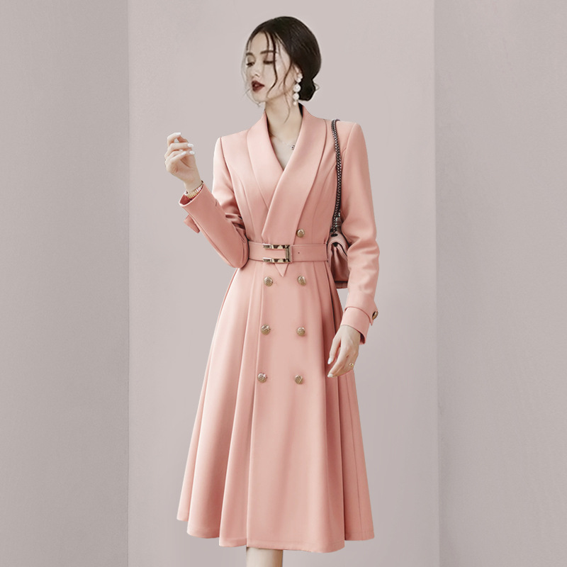 Picture of 2025 Guangzhou New Spring and Autumn Elegant Pink Trench Coat for Women, Double-Breasted with Tie, Mid-Length Fashionable Jacket