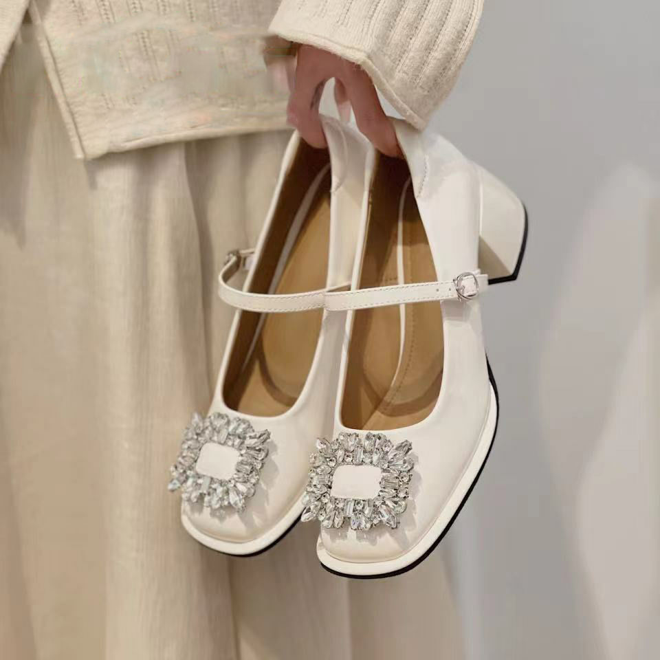 French Retro High-heeled Beige Shallow Mouth Small Leather Shoes Mary Jane Shoes Women's Thick Heel Flats Rhinestone Wedding Shoes Bridal Shoes