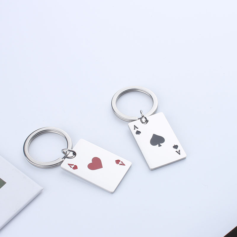 Picture of Heart-shaped red peach a playing card keychain creative simple stainless steel metal key chain ring schoolbag pendant accessories